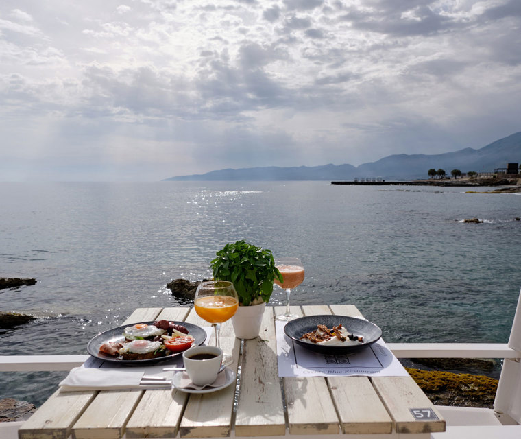 Cretan Blue Beach Hotel fresh orange juice, coffee and breakfast by the sea